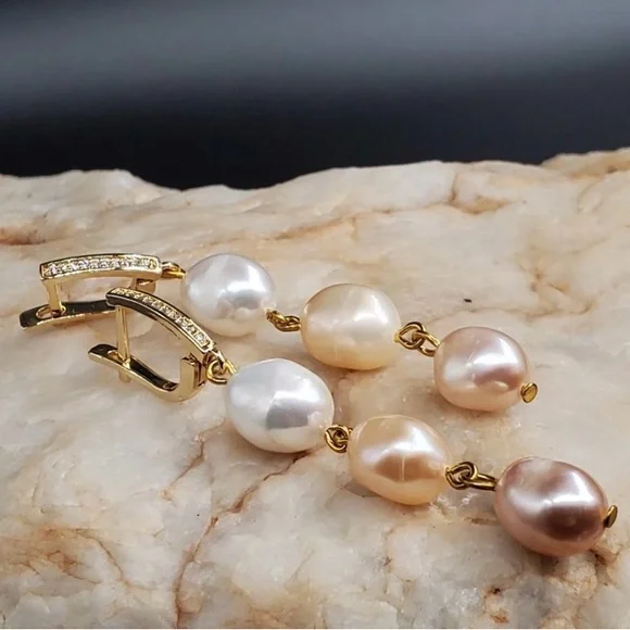 Gold Plated Genuine Freshwater Pearl Earrings with White Topaz Stones - Picture 2 of 7